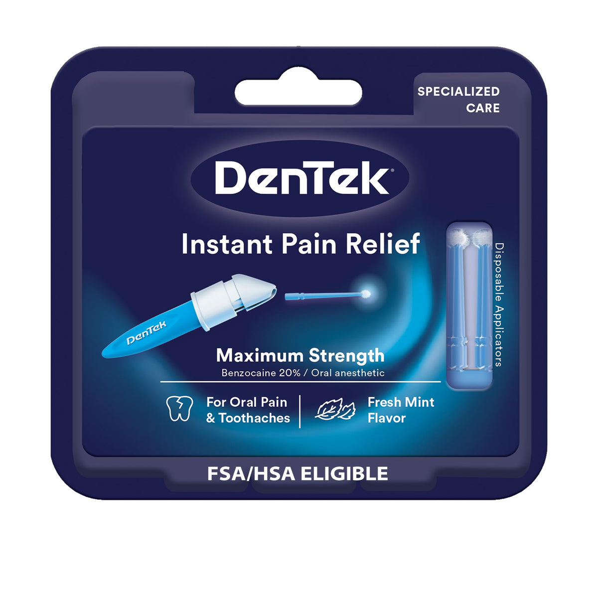DenTek benzocaine bottle for quick toothache relief with disposable applicators.