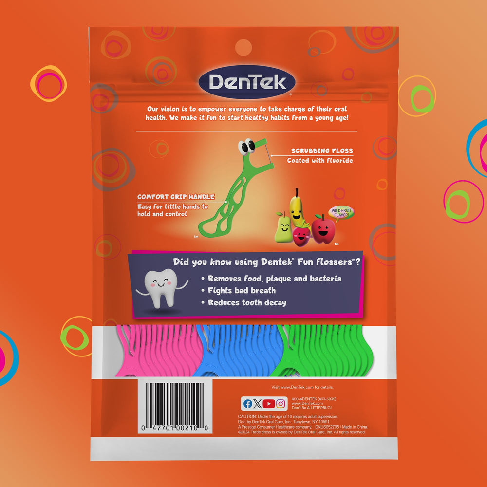 Close-up of DenTek Kids Flossers with wild fruit flavor to encourage flossing.