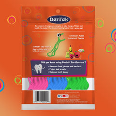 Close-up of DenTek Kids Flossers with wild fruit flavor to encourage flossing.