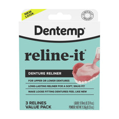 Dentemp Denture Reline-It packaging update with trusted formula for a secure fit.