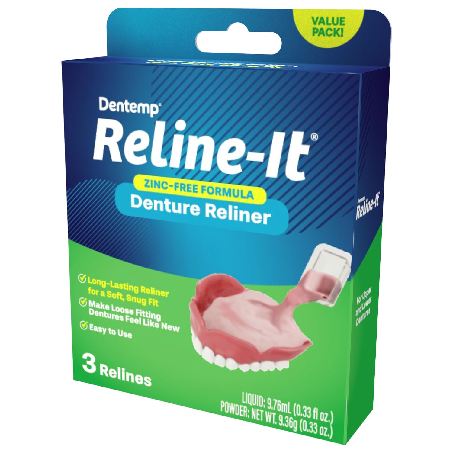 Value pack of Dentemp reliner for multiple refittings.