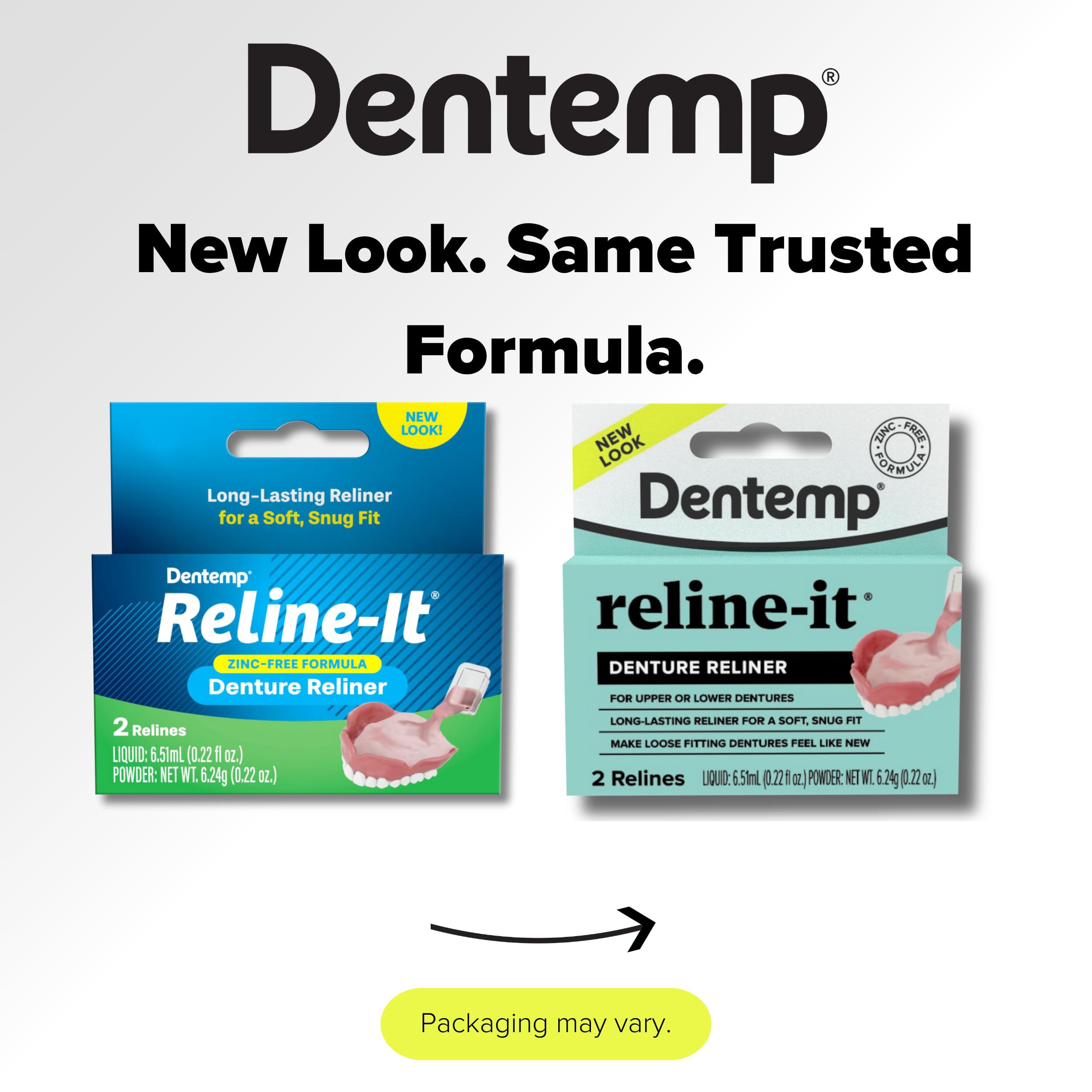 Dentemp Reline-It kit contents showing all items for two relines on dentures.