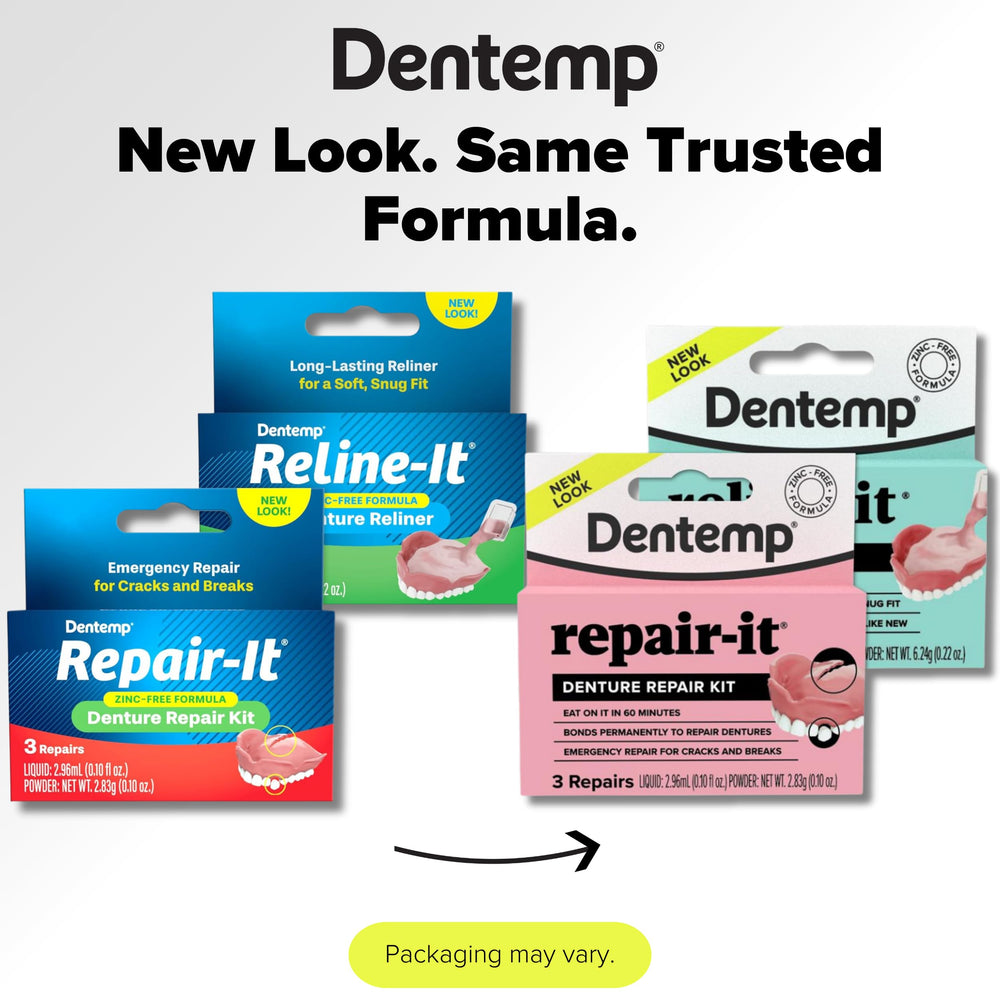 Dentemp Repair-it kit repairing a cracked denture for on-the-go use.