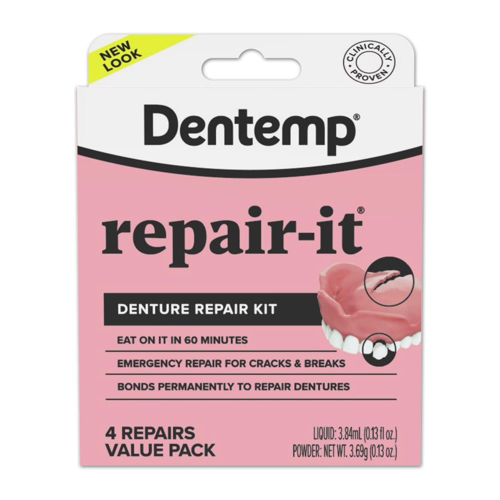 Dentemp Repair-It Kit advanced formula tube closeup ready for durable denture repairs.
