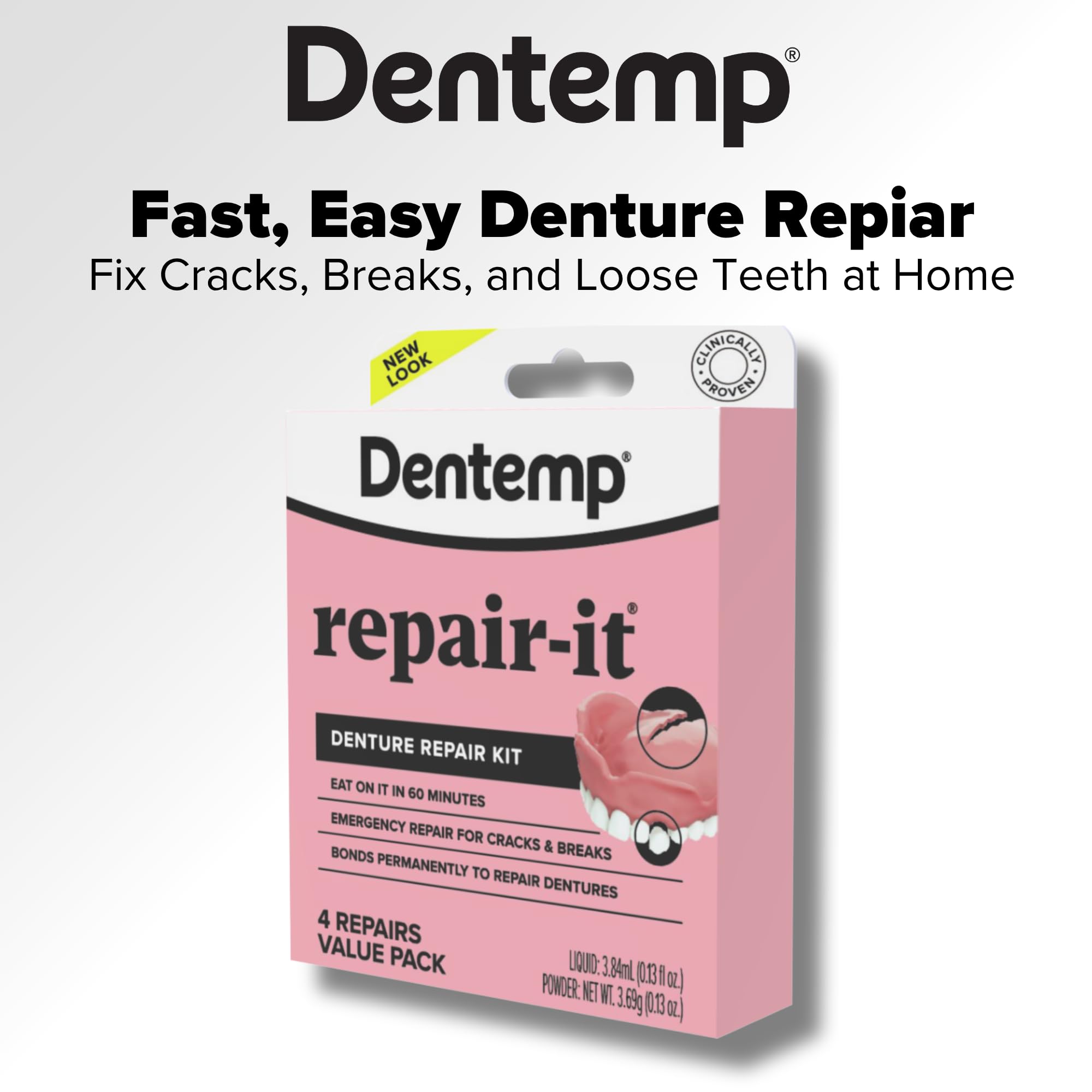 Dentemp Repair-It Kit components spread demonstrates all-in-one denture repair solution.