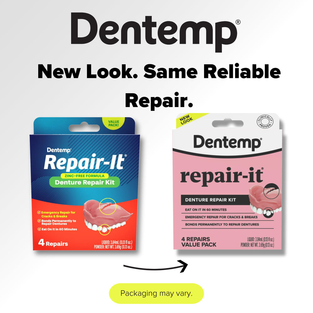 Dentemp Repair-It Kit cracked denture before image highlighting repair possibilities.