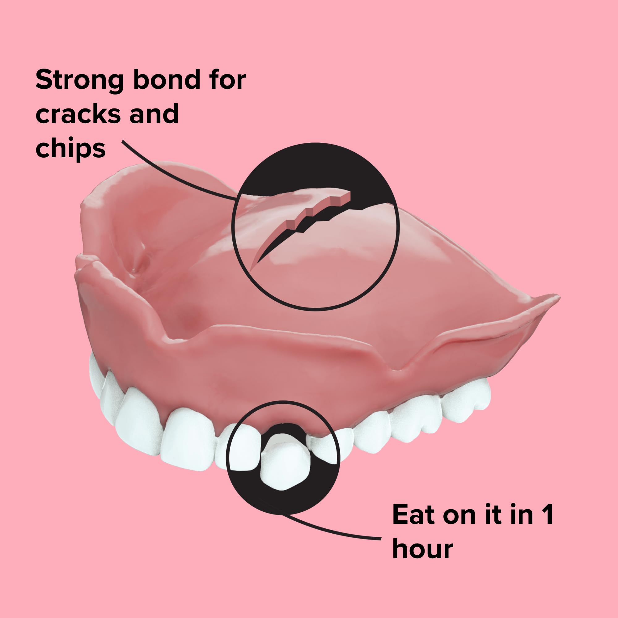 Dentemp Repair-It Kit denture mend after image shows secure tooth attachment.