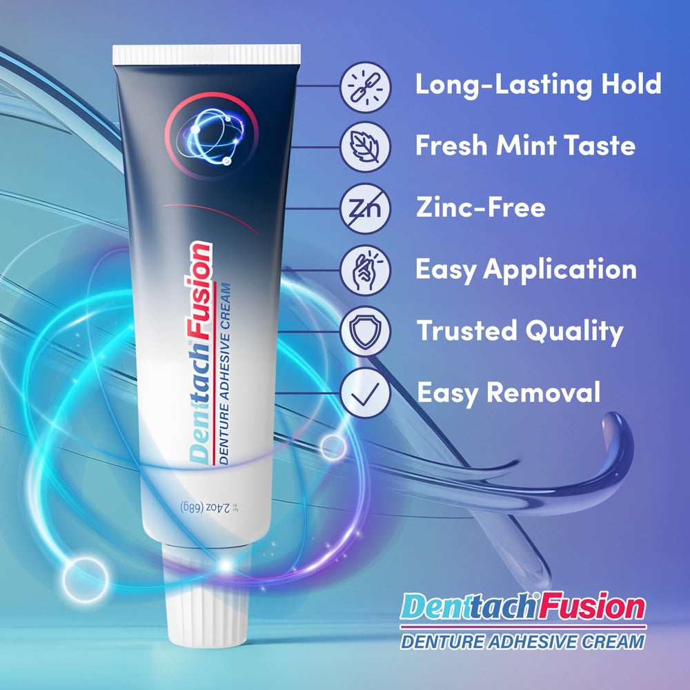 DENTTACH Fusion comfortable cream for easy application and all-day hold.