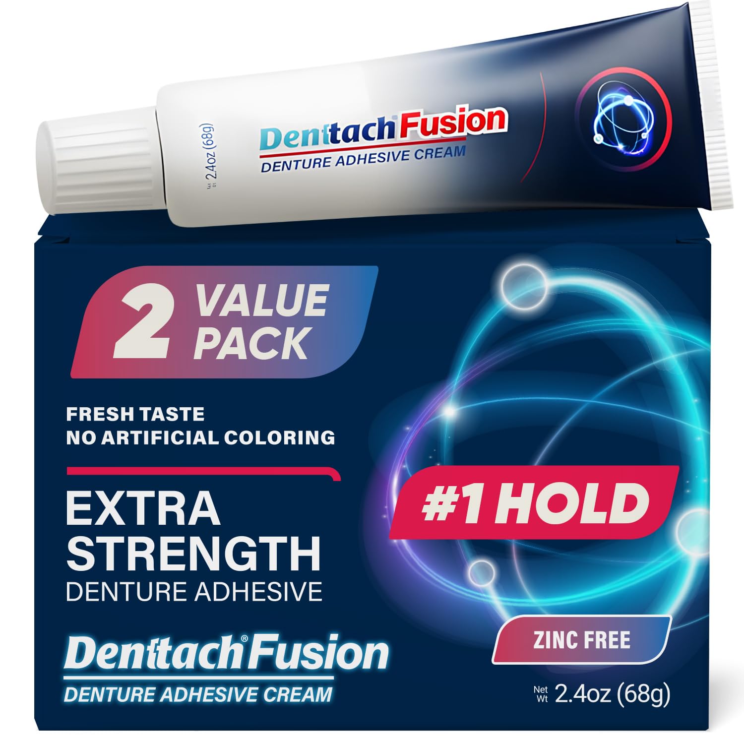 DENTTACH Fusion denture adhesive tube being applied for secure hold.