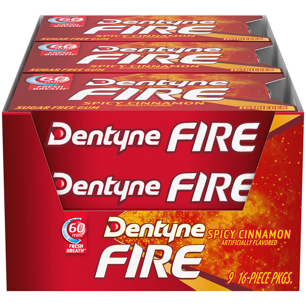 Dentyne Fire Spicy Cinnamon gum pack front for on-the-go freshness in a nine-pack display