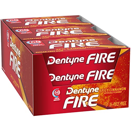 Dentyne Fire Spicy Cinnamon packaging close-up emphasizing sugar-free gum