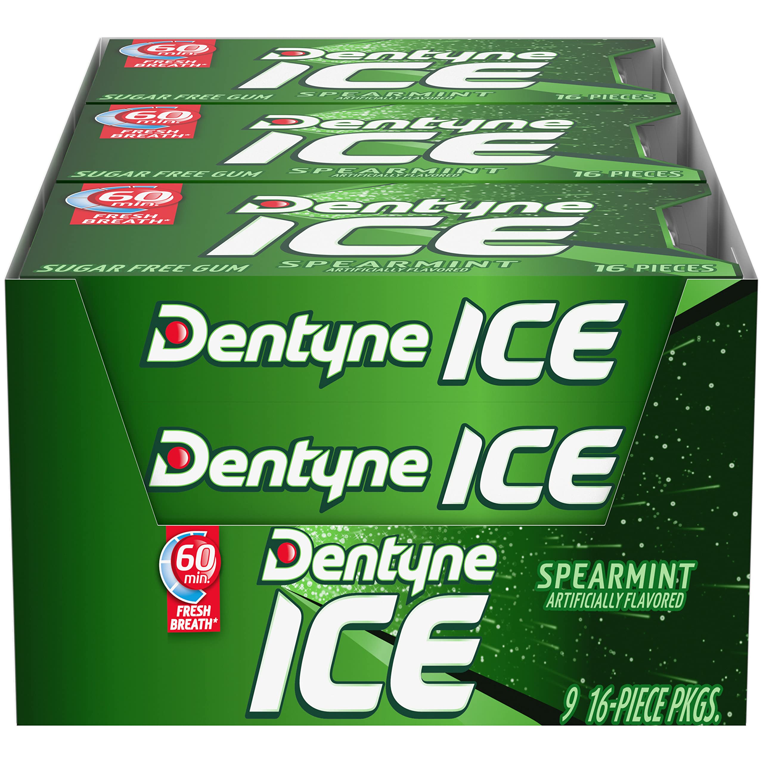 Dentyne Ice Spearmint gum pack display with nine 16-piece boxes