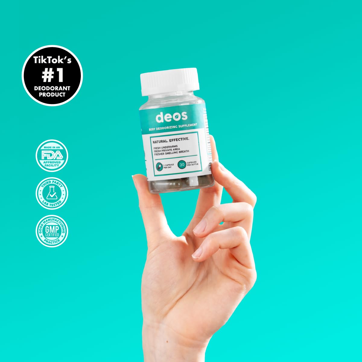 DEOS bottle back highlights vegan formula and simple daily use.