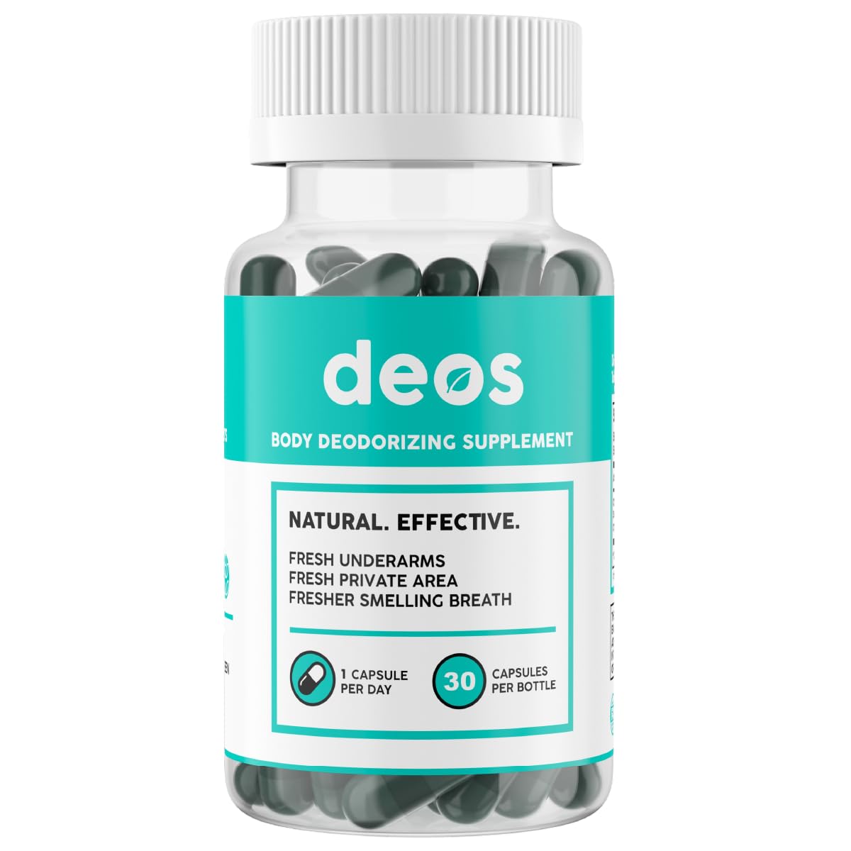 DEOS bottle front shows full-body odor management with natural ingredients.