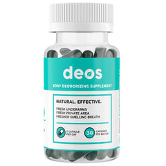 DEOS bottle front shows full-body odor management with natural ingredients.