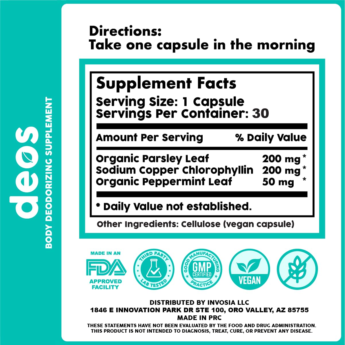 DEOS daily dosage reminder graphic promotes a one-capsule routine.