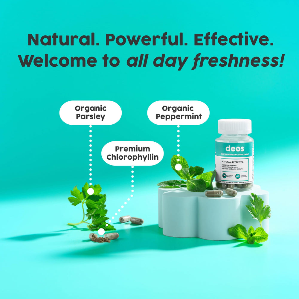 DEOS peppermint depiction suggests refreshing scent and taste compatibility.