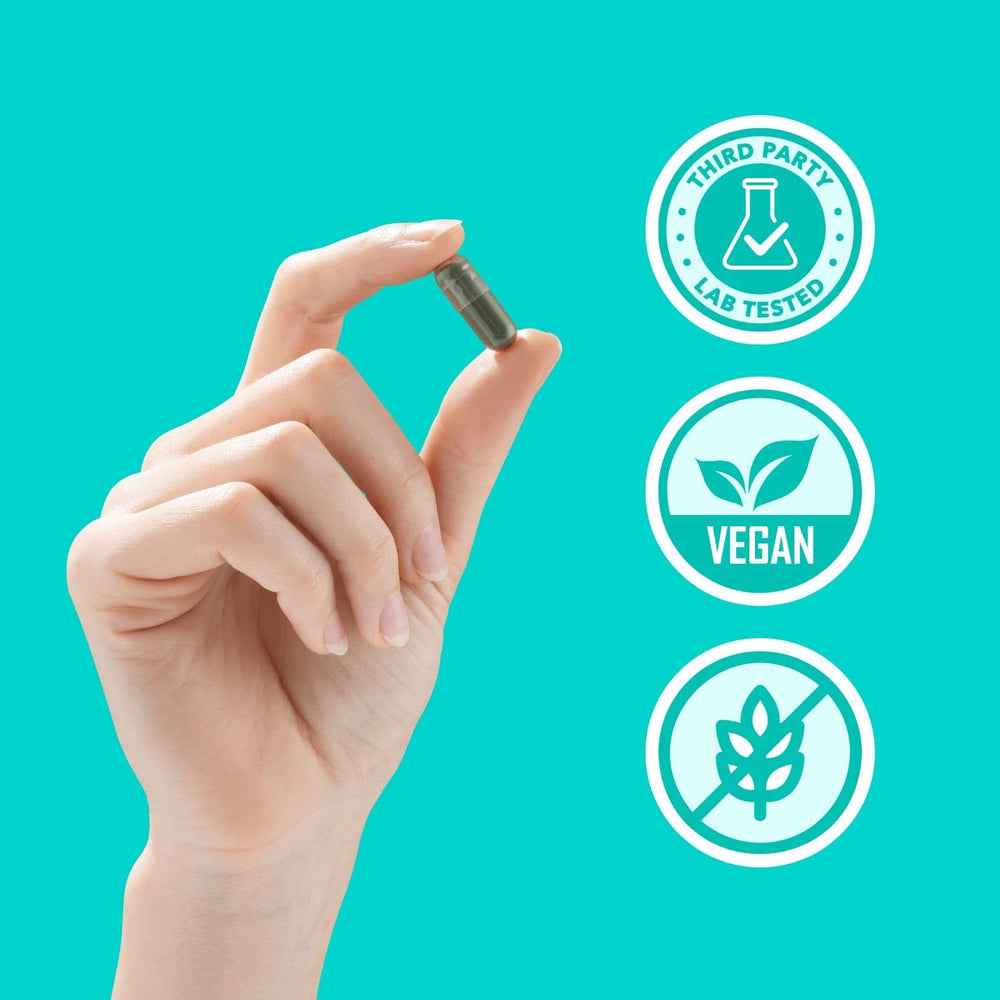 DEOS vegan capsules displayed as easy-to-swallow option.