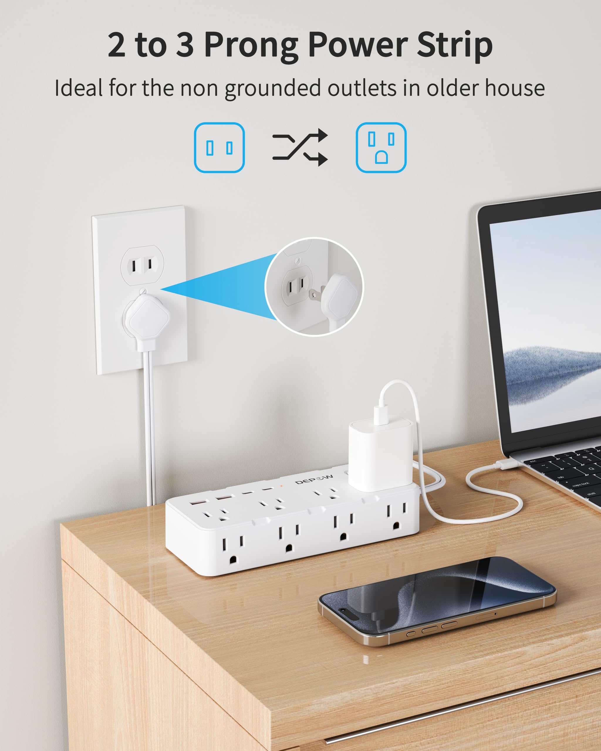 DEPOW power strip with eight AC outlets for multiple devices charging