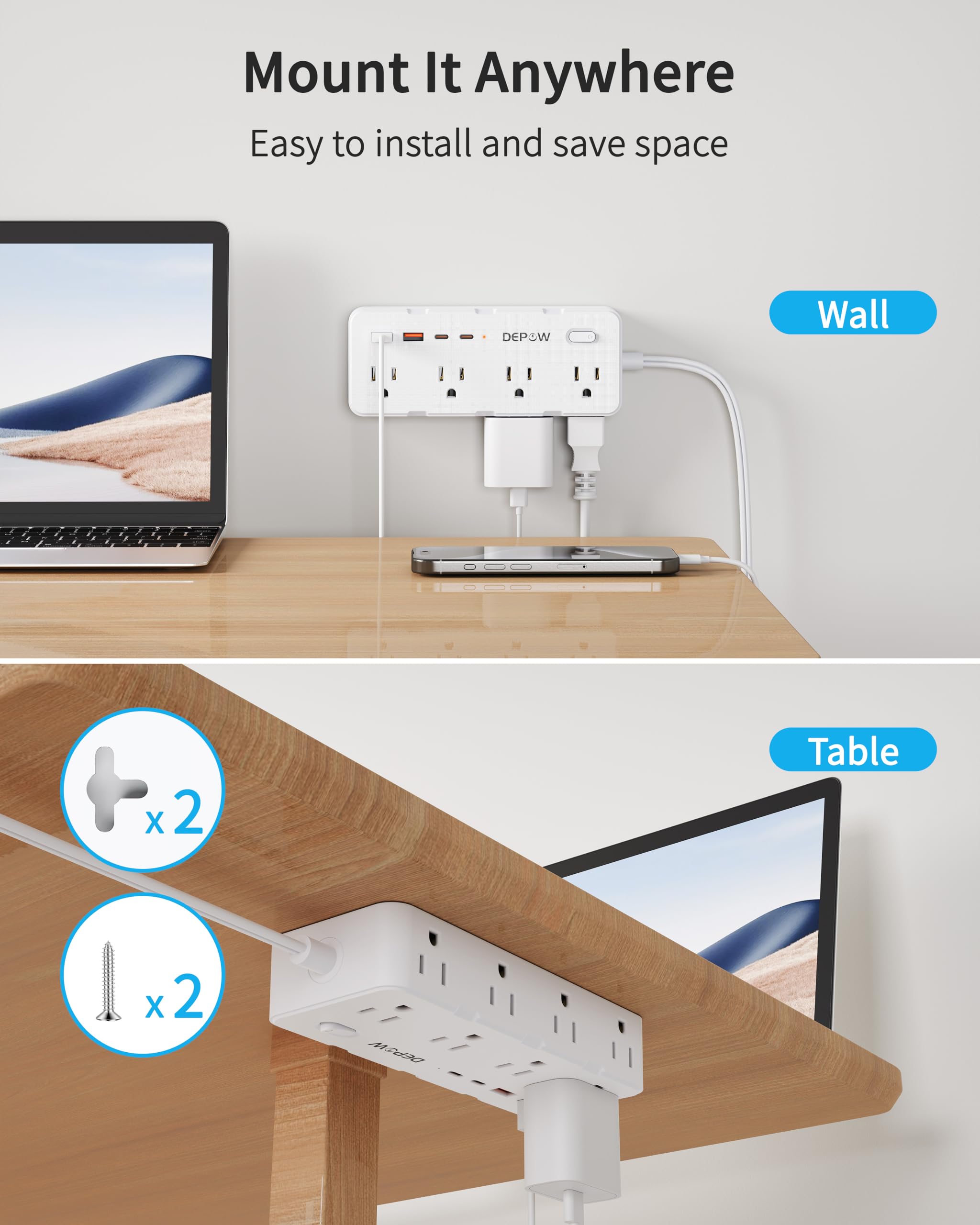DEPOW 5-foot extension cord reaching distant outlets for flexible placement