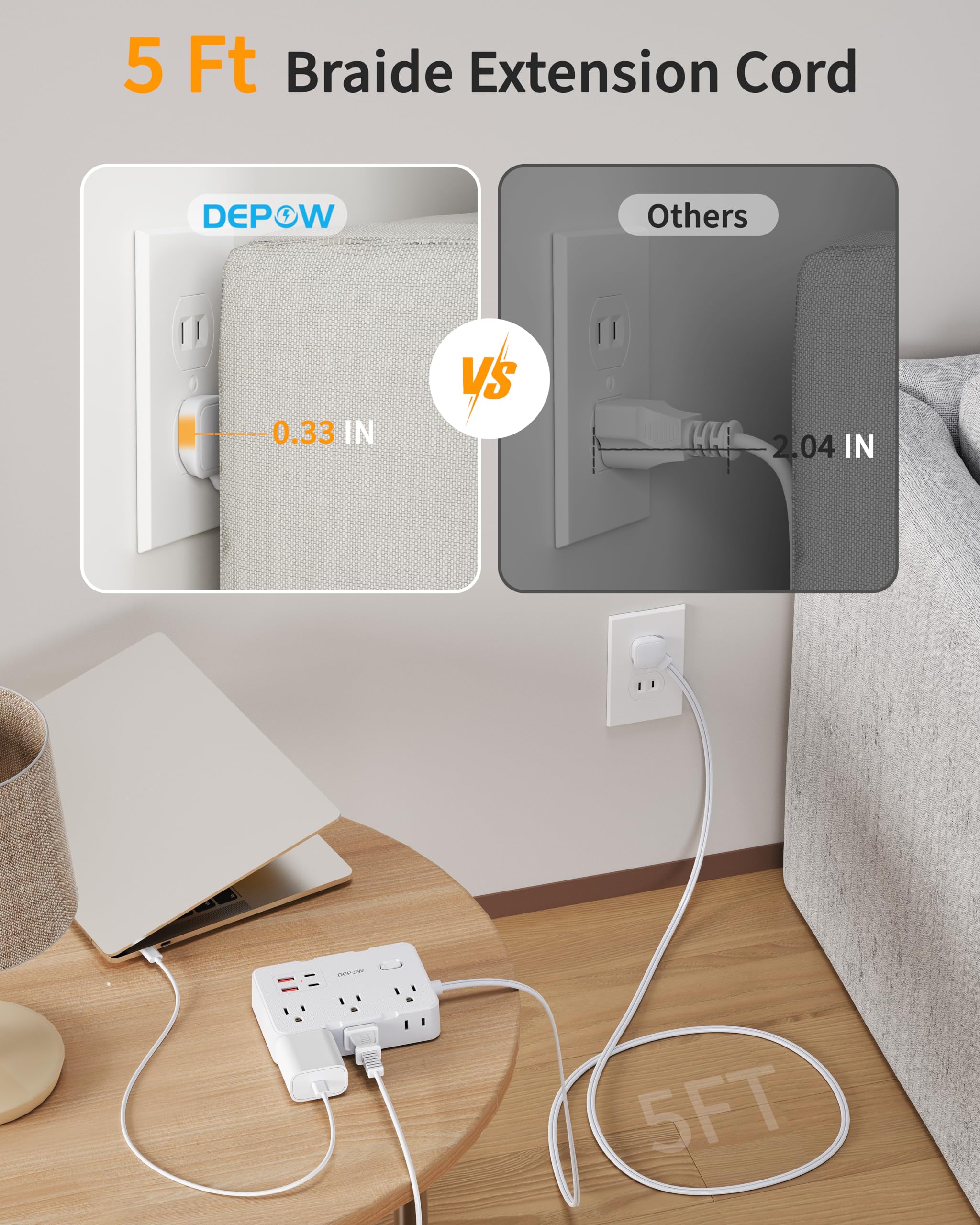 DEPOW flat plug design fits behind furniture in tight spaces.