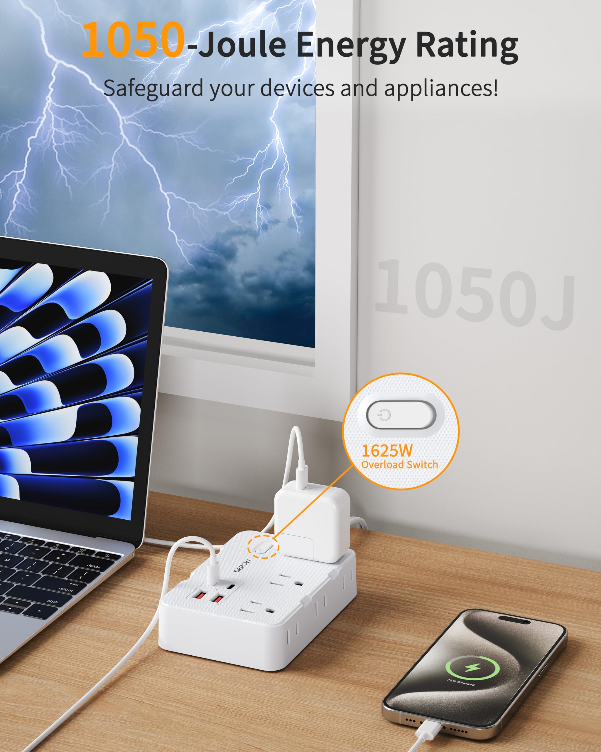 DEPOW wall-mountable power strip for organized wall setups.