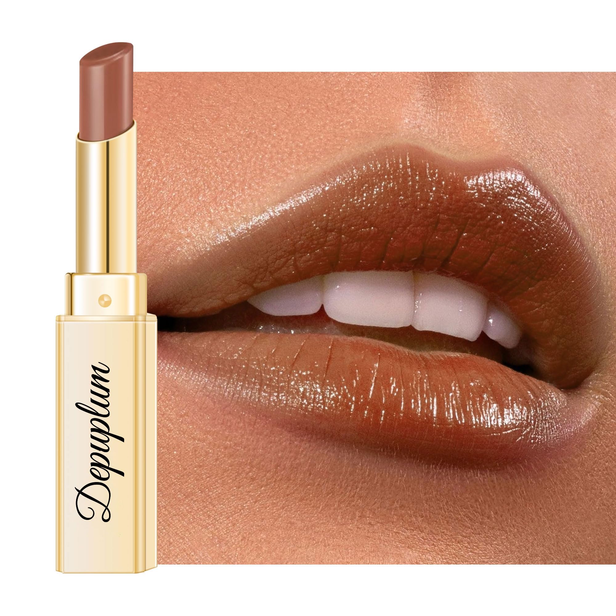 Depuplum Brown Lipstick glossy application for smooth, hydrated lips
