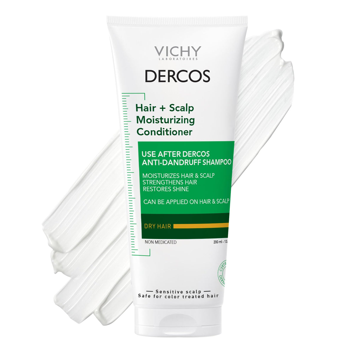 Dercos bottle close-up highlighting moisturizing conditioner texture