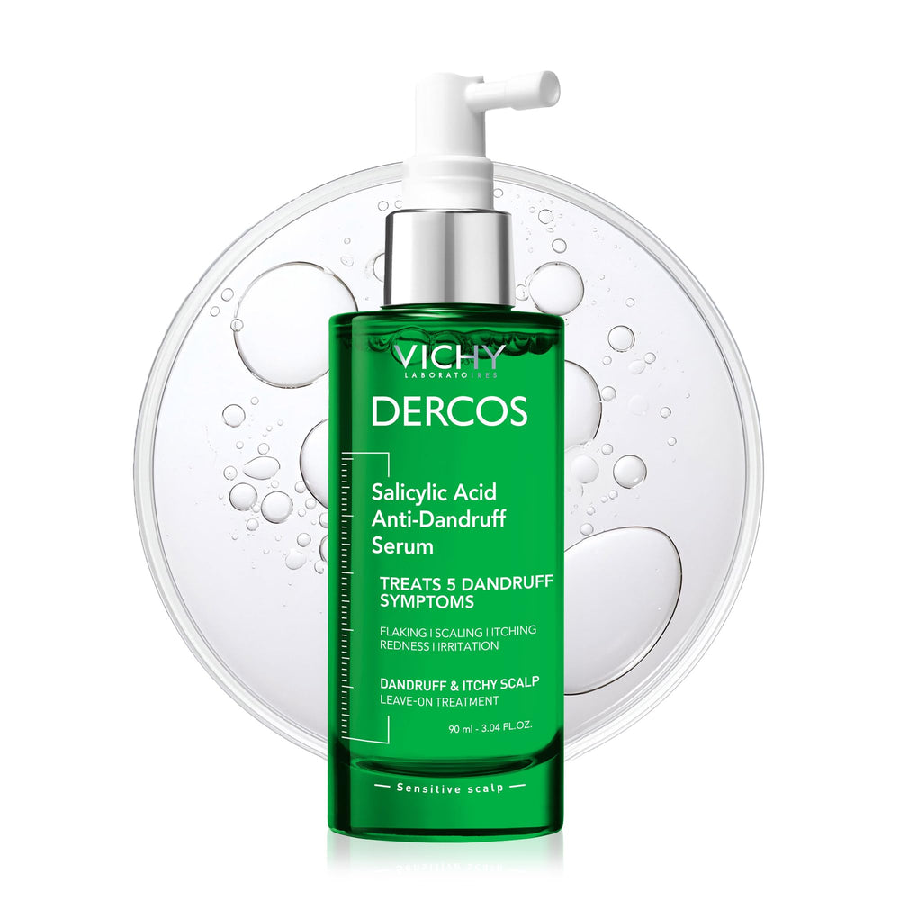 Dercos serum bottle promises quick dandruff relief and scalp hydration.