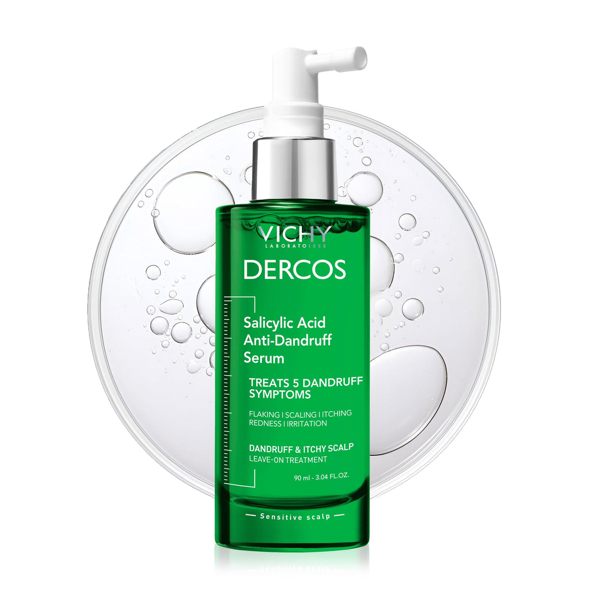 Dercos serum bottle promises quick dandruff relief and scalp hydration.