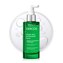 Dercos serum bottle promises quick dandruff relief and scalp hydration.