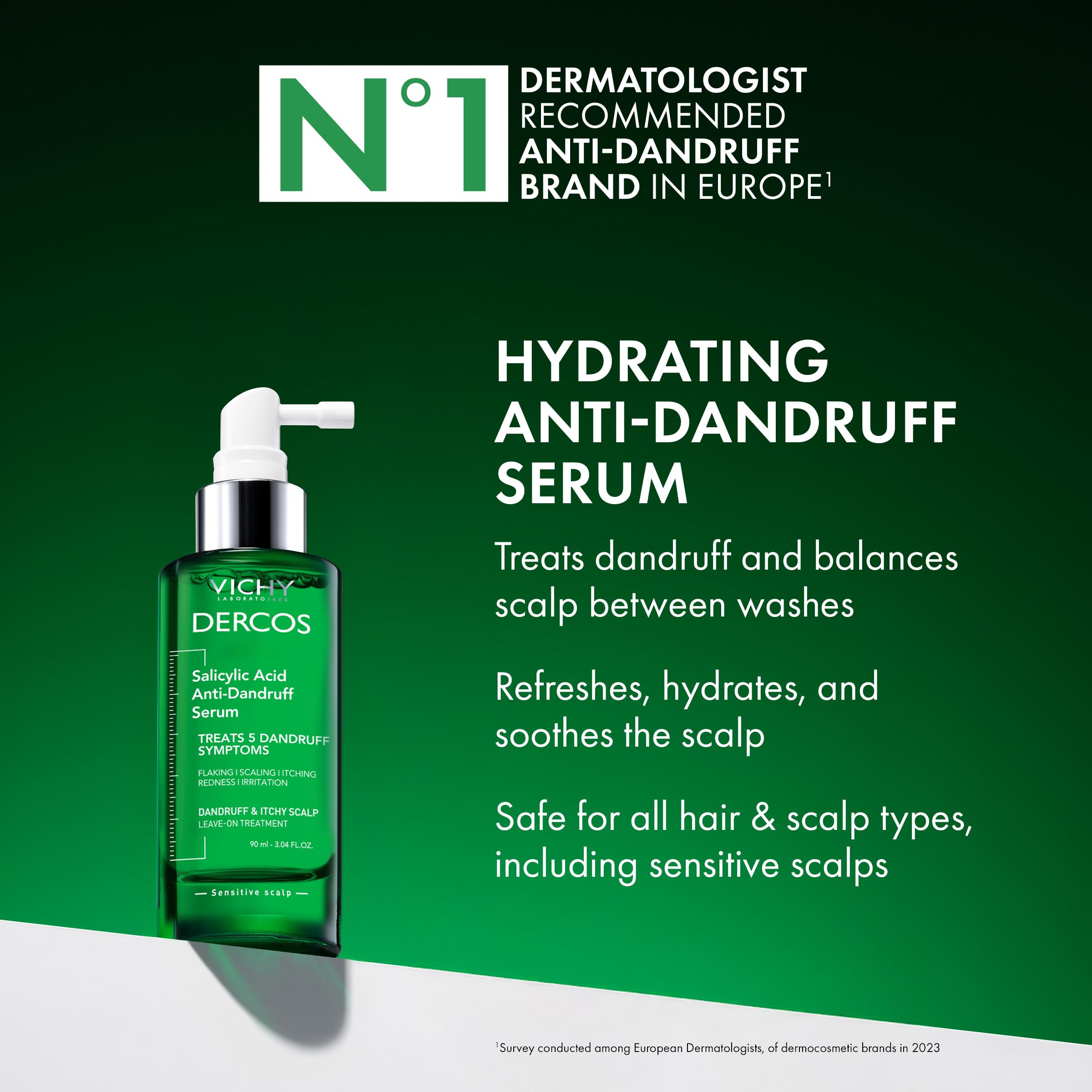Close-up of pump dispensing Dercos anti-dandruff serum for easy use.