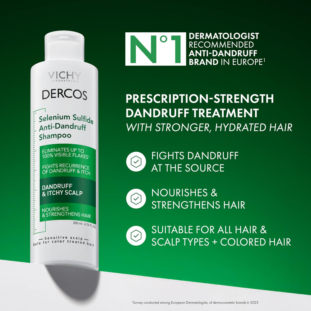 Dercos selenium sulfide bottle dispensing, highlighting medicated dandruff relief