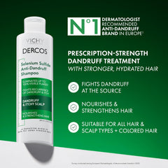 Dercos selenium sulfide bottle dispensing, highlighting medicated dandruff relief