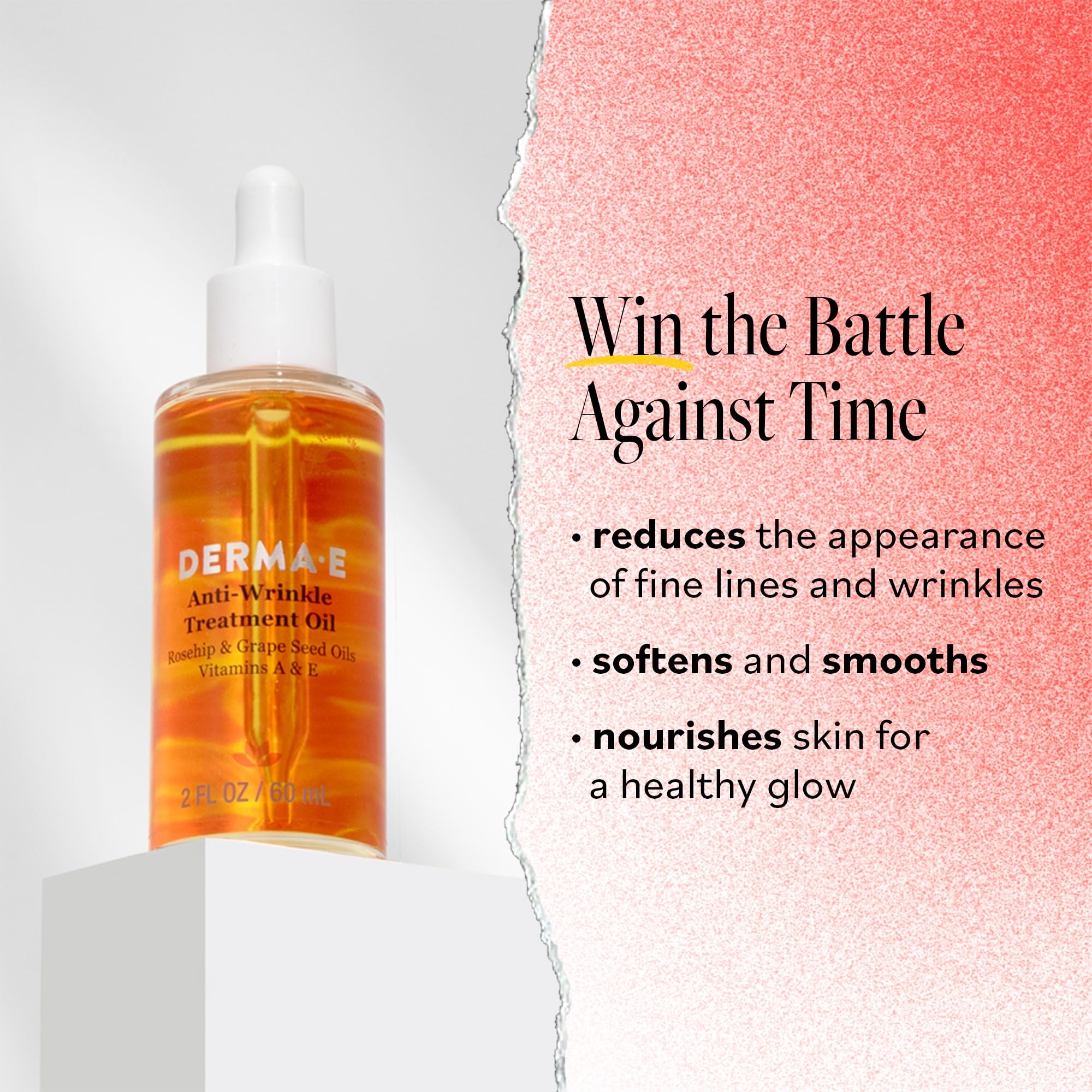 Derma E Anti-Wrinkle Treatment Oil dropper app visual emphasizes quick absorption.