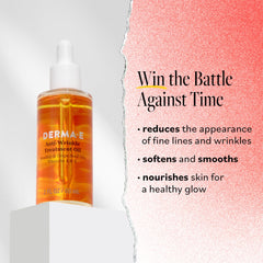 Derma E Anti-Wrinkle Treatment Oil dropper app visual emphasizes quick absorption.