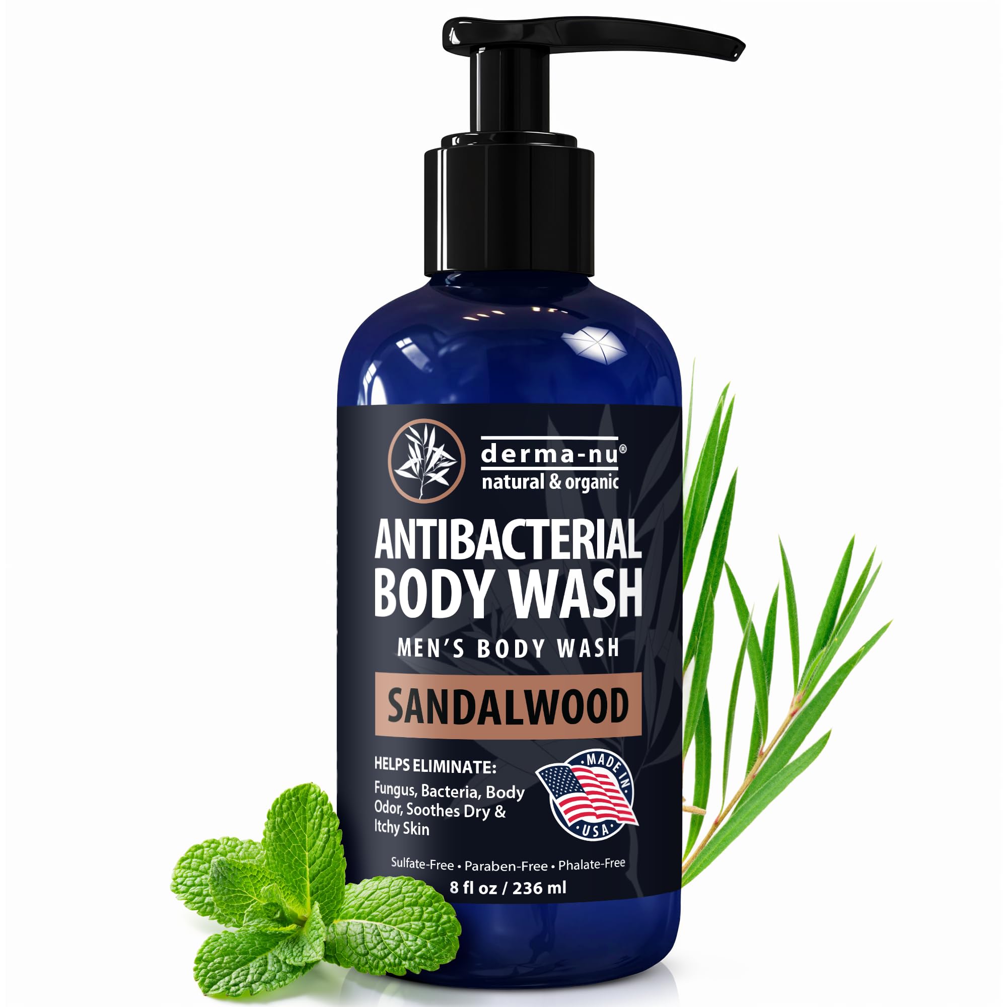 Derma-Nu Men's Body Wash bottle pours with sandalwood for daily freshness.