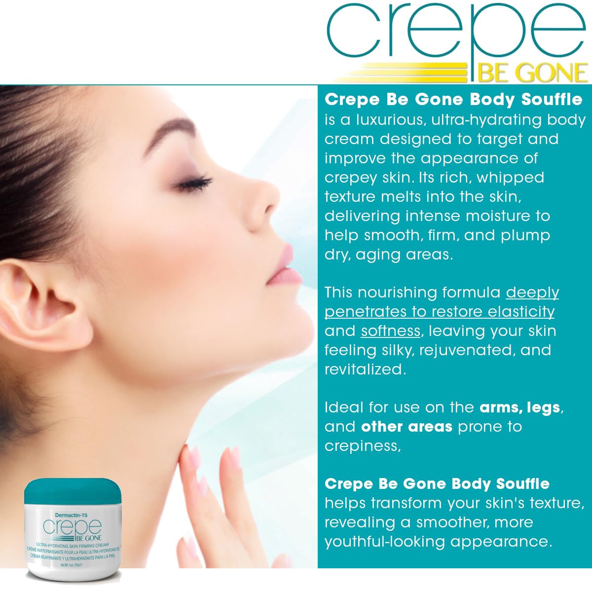 Dermactin Crepe Be Gone Body Souffle applied to arm demonstrates targeted crepey skin care.