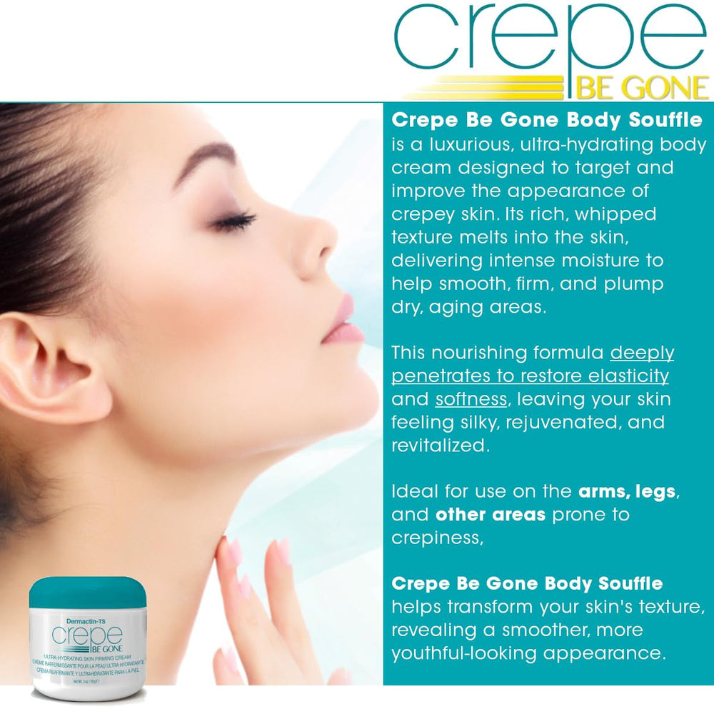 Dermactin Crepe Be Gone Body Souffle applied to arm demonstrates targeted crepey skin care.
