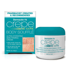 Dermactin Crepe Be Gone Body Souffle jar close-up demonstrates rich hydration for crepey skin.