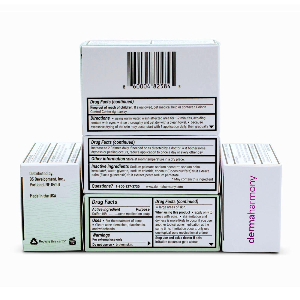 Dermaharmony 10% sulfur bar soap packaging showing new design for gentle cleansing