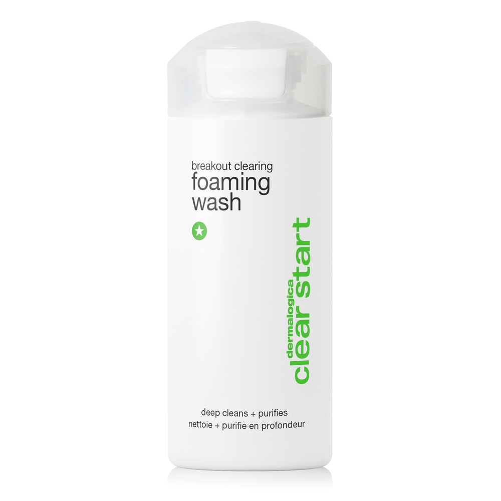Dermalogica Clear Start wash bottle pour demonstrates easy daily cleansing for breakout-prone skin.
