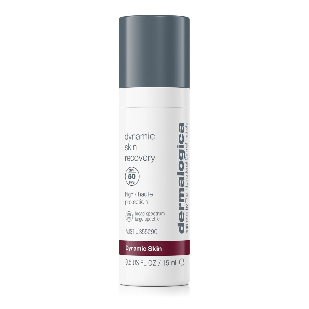 Dermalogica Dynamic Skin Recovery SPF50 bottle closeup showing daily UV protection.