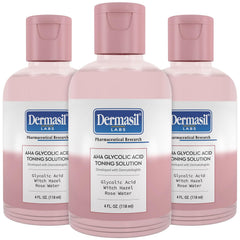 Dermasil AHA toner bottle pour showing easy application and gentle exfoliation.