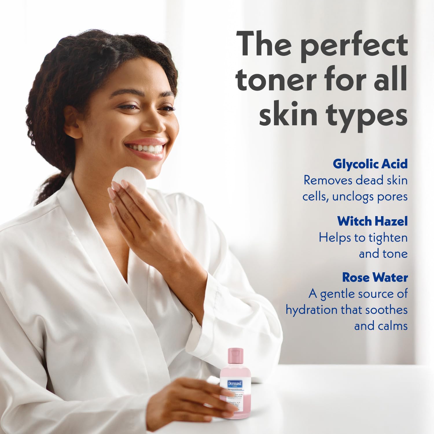 Dermasil fragrance-free toner packaging communicates gentle care for sensitive complexions.