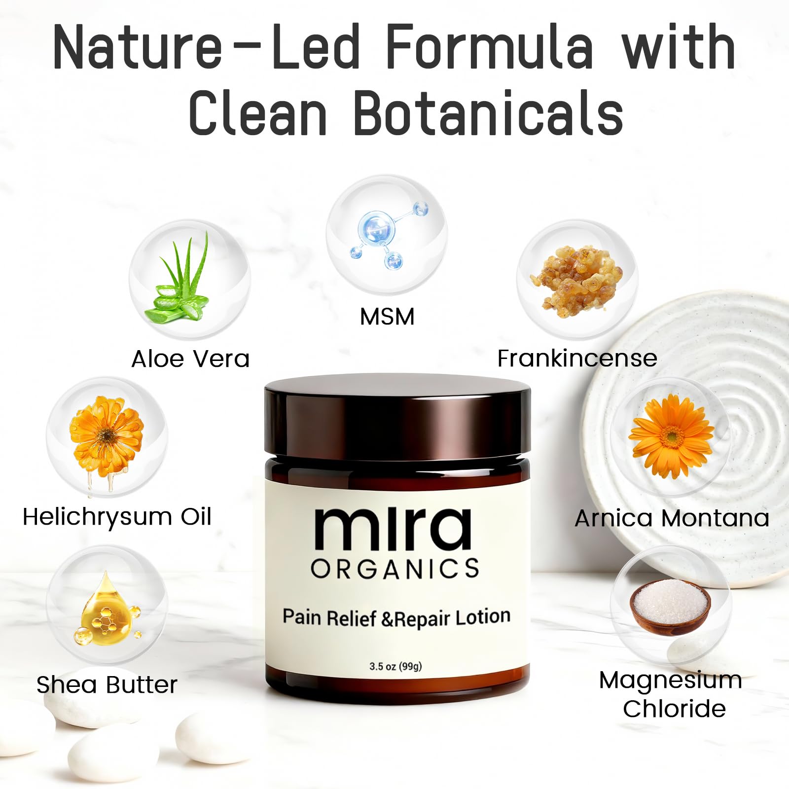 Dermasophia Mira Relief Lotion applied to legs and back for targeted comfort.