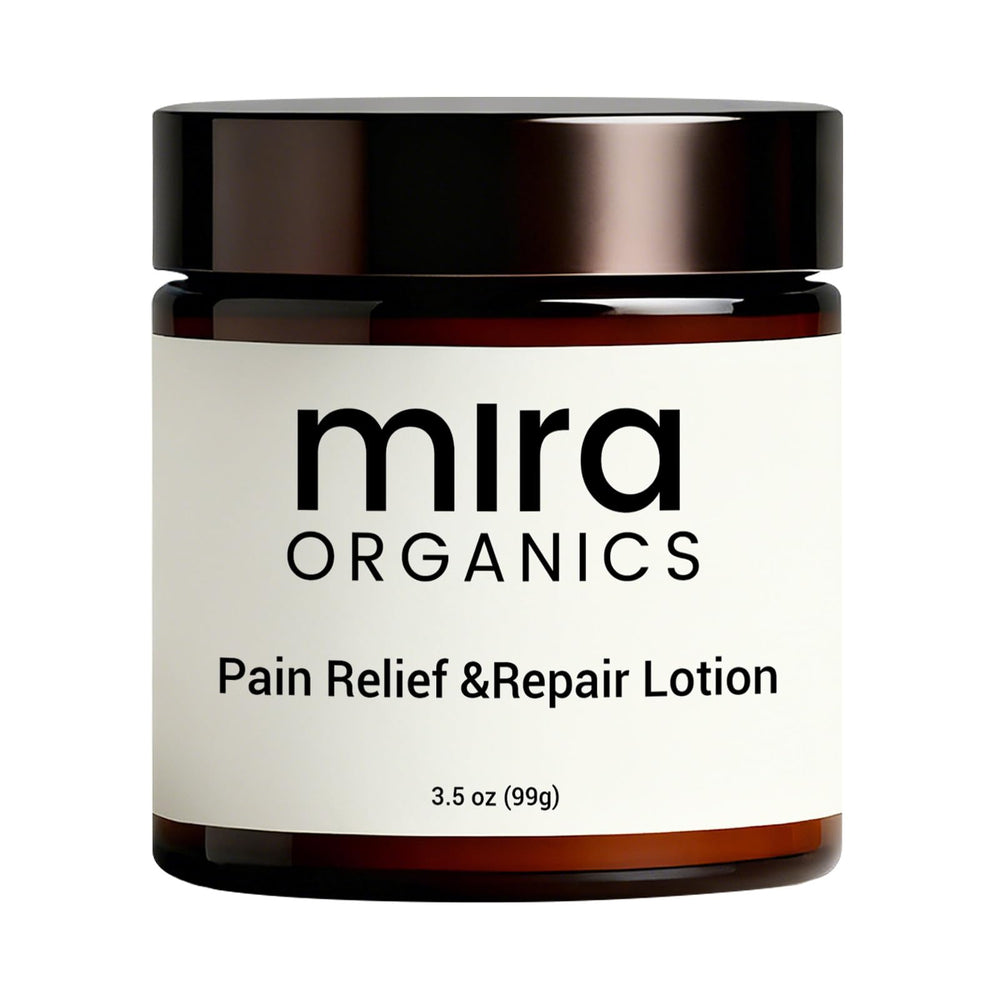 Dermasophia Mira Relief Lotion pump bottle showing fast-absorbing, non-greasy comfort for sore muscles.