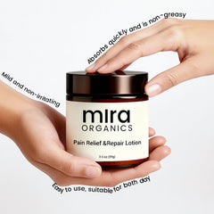 Dermasophia Mira Relief Lotion texture absorption demonstrates fast drying, non-greasy feel.