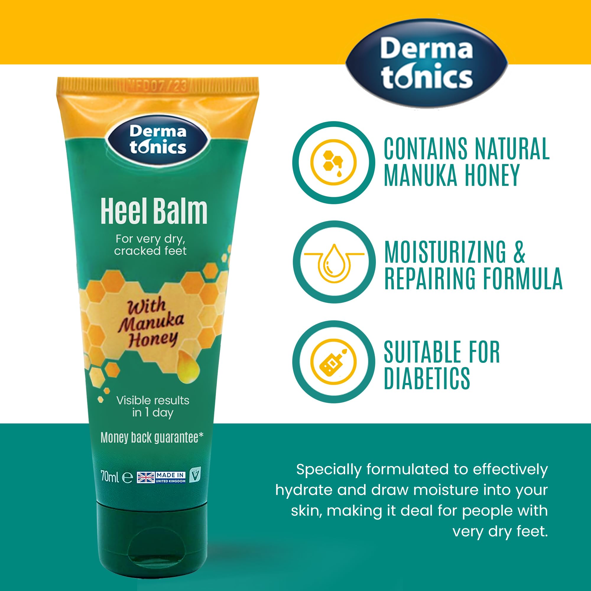 Dermatonics manuka-honey formula highlights hydration and gentle exfoliation for feet.