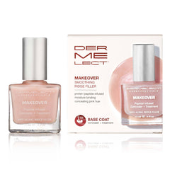 Dermelect Makeover Ridge Filler bottle shows hydrating base coat for smoother nails.
